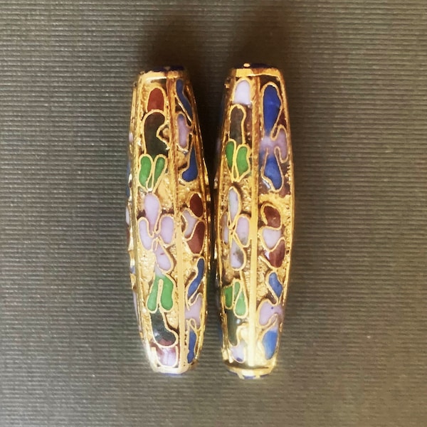 34mm Vintage 2pc Chinese Champlevé Cloisonne Beads, Golden Deep Enamel work, Collectible Asian Beads, Popular Now, Very Long Beads