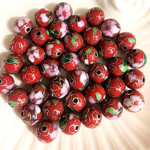 15 Vintage Chinese Red Cloisonne 10mm Beads, 10mm Red Rose Design, 8 Step Process Old Chinese Process, Collectible Beads Great Price