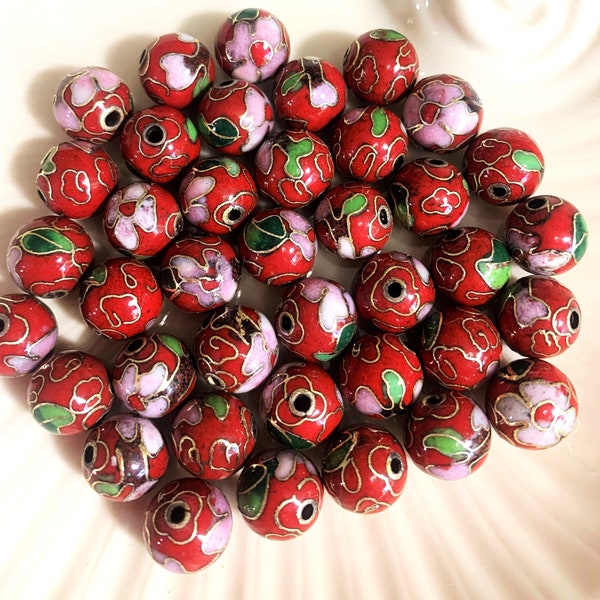 15 Vintage Chinese Red Cloisonne 10mm Beads, 10mm Red Rose Design, 8 Step Process Old Chinese Process, Collectible Beads