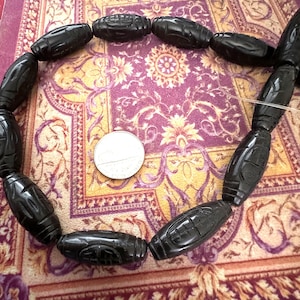 13 Vintage Chinese Shou Carved Black Stone Oval Beads, Huge 30mm Good Fortune Longevity Symbols, 2 SIDED Bargain Price!
