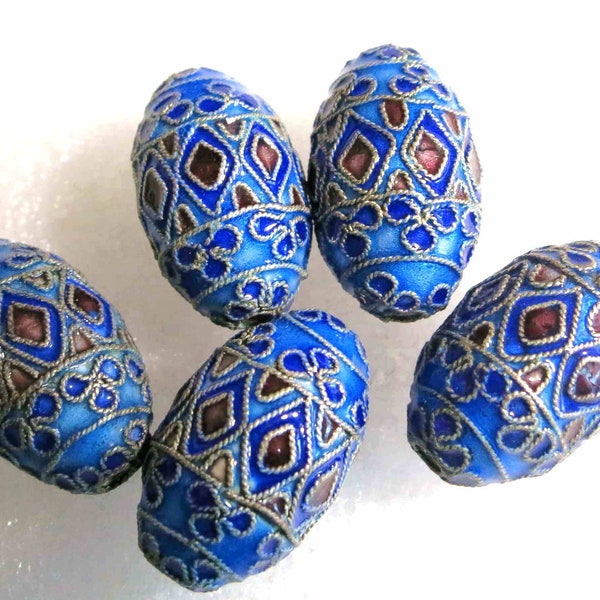 5 Rare Vintage Chinese CLOISONNE ENAMEL 22m x 14m Beads Sale! Blue And Wine