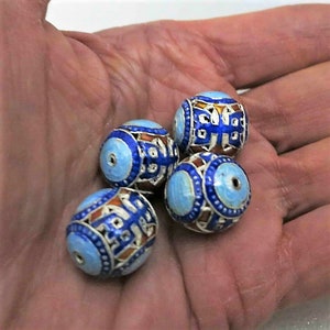 4 Vintage Chinese Cloisonné Shou Beads, Canton Enamel Silver Beads, Blue Shou 15mm Beads