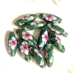 4pc 26mm Vintage Chinese Jade Cloisonne Oval Beads, Pink Rose Design, 4 Green Beads,  8 Step Old Chinese Process, Collectible Enamel Beads