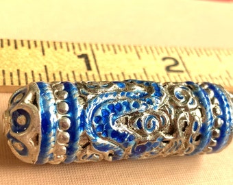 2" Vintage Chinese Silver Needle Case Pendant, Blue Enamel, 2" Long