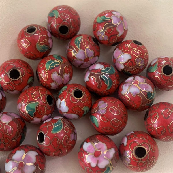 4 Rare 16mm Big Hole Vintage Chinese Red Cloisonne Beads, Red Rose Design, 8 Step Process Old Chinese Process, Collectible Beads