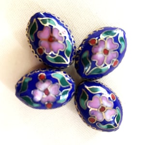 4 Vintage Chinese Jumbo Blue Cloisonne Oval 20mm Beads,Vintage  Pink Rose Design,Old Chinese 8 Step Enamel Process , Collectible Beads