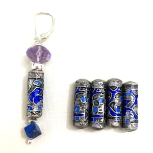 4 Vintage Chinese Silver Blue Floral Cloisonne Champleve Beads , 20mm Hand Made Beads, Designer "Antique" Finished Beads