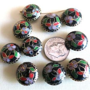 10pc Vintage Chinese 15m Cloisonne Beads, Chinese Cloisonné 15mm Coin Shape Beads, 2 Sided Bead, Old Process No Longer Done