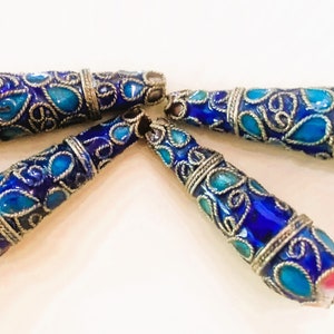 4 Vintage Chinese Silver Blue Floral Cloisonne Champleve Beads , 33mm Hand Made Beads, Designer &quot;Antique&quot; Finished Beads, Perfect 4 Earrings
