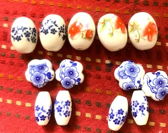 60 Vintage Chinese Porcelain Hand Painted Beads Assortment , 4 Different Designs For The Designer