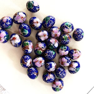 10 Vintage Chinese Blue Cloisonne Oval Beads, Pink Rose Design,Old Chinese 8 Step Enamel Process , Collectible Beads