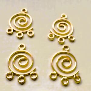 May include: Four gold-colored metal jewelry connectors, each featuring a central spiral design. Every piece includes one small loop at the top and three additional small loops along the bottom edge, designed for attaching multiple strands or charms.
