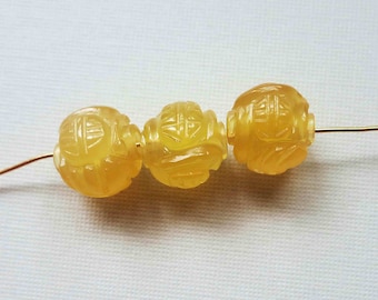 Rare 3pc Vintage Chinese Shou Gold Carnelian Agate 10mm Beads, Longevity SHOU Dragon Rare Color, Best Price