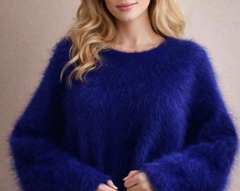 アンゴラセーター、レディースブルーふわふわニットジャンパー - Etsy 日本
