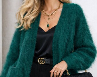 Angora-vest dames, oversized handgemaakt breisel, pluizige groene trui, zacht donzig vest, warme outfit, cadeau voor haar
