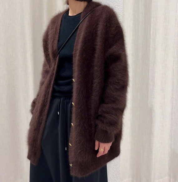 【IONSEOUL】Museum angora semi-over cardigan 5FM0178 72% Angora Fuzzy Vintage H&M Mustard Gold Open-front