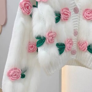 Ezro Knit Colorful Dimensional Flowers Button Up Loose Cardigan