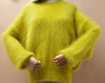Angora-trui dames, oversized handgemaakt breisel, pluizige trui, zacht donzig vest, warme outfit, cadeau voor haar