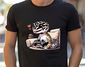 Camiseta de videojuegos con diseño de gecko leopardo para regalo de amantes de los reptiles, camiseta de reptil gecko para jugadores de videojuegos de anime, linda camiseta de videojuegos para jugadores de videojuegos de lagartos