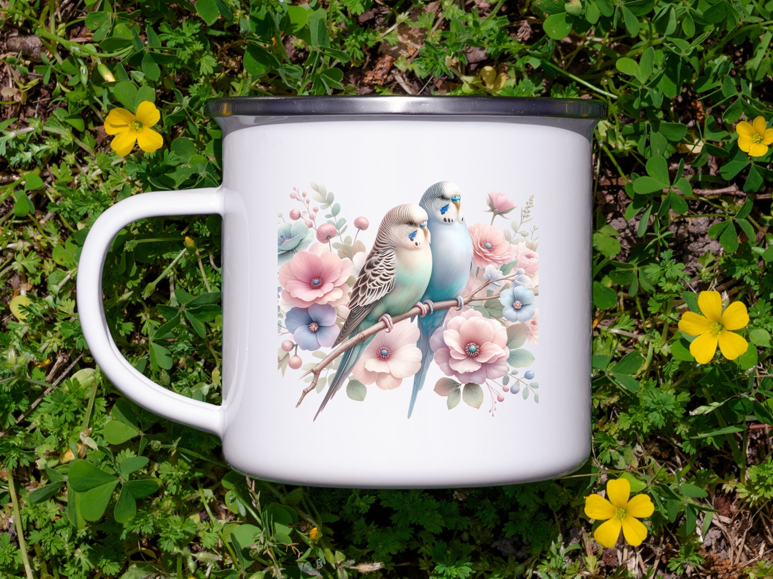 Cute Bird Mug, Budgie Themed Gift, Spring Flowering Decorations Gift