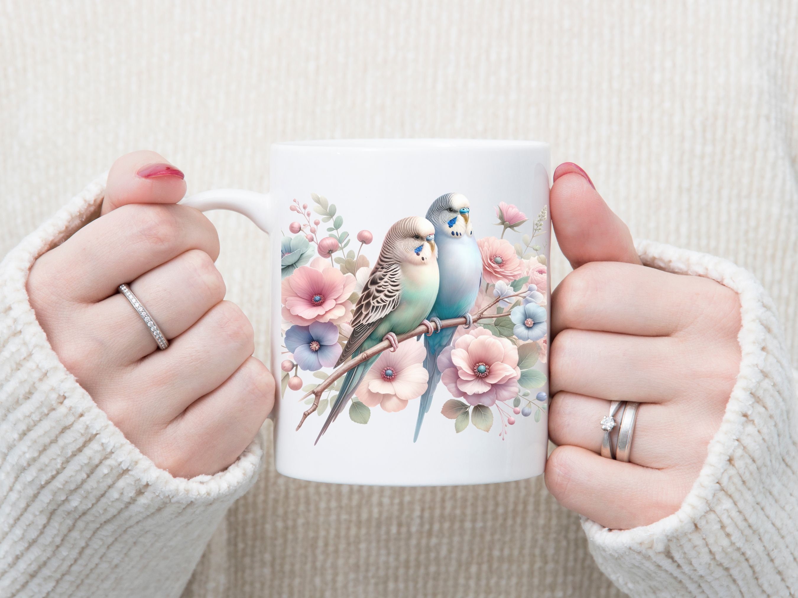 Cute Bird Mug, Budgie Themed Gift, Spring Flowering Decorations Gift