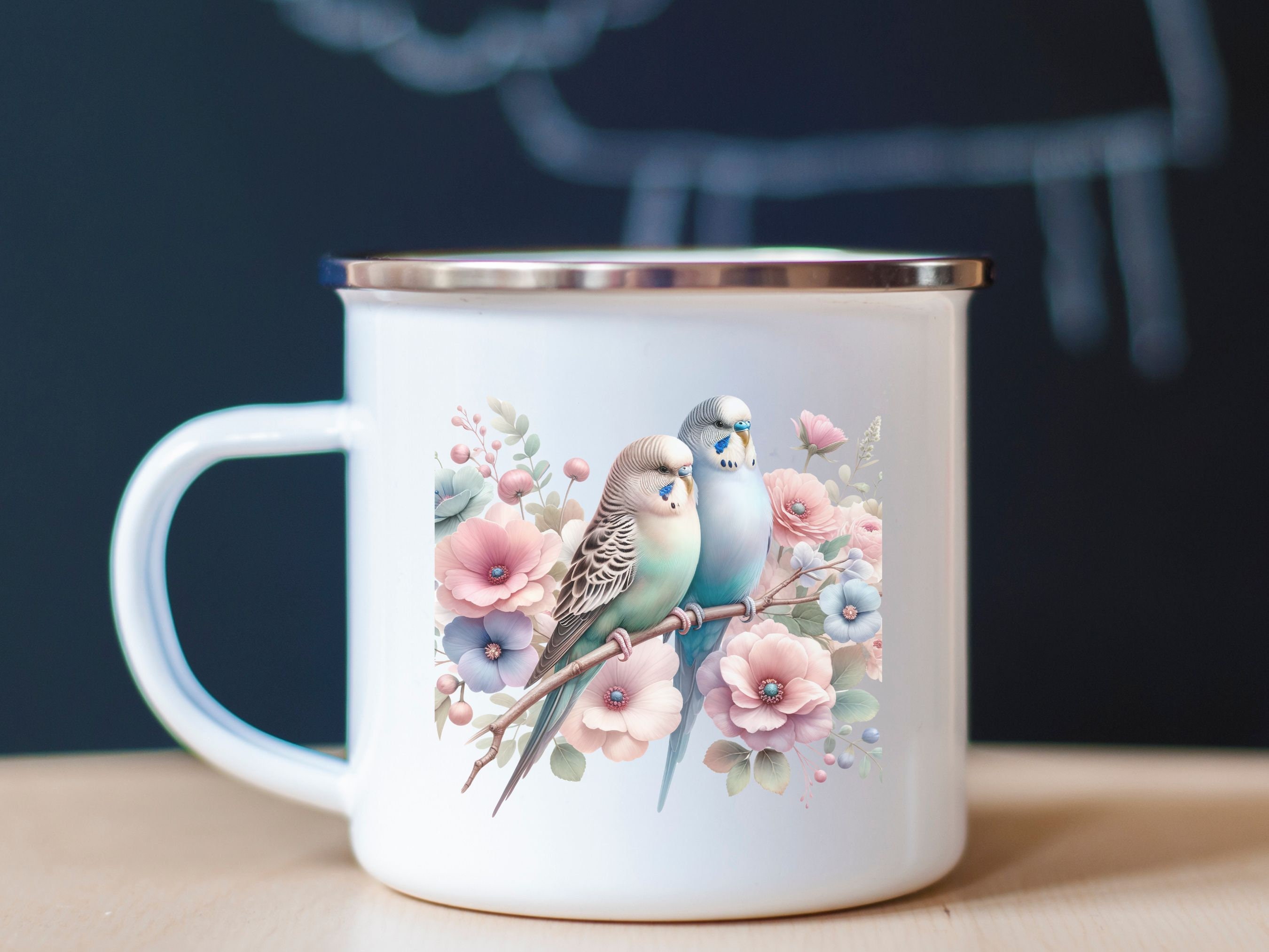 Cute Bird Mug, Budgie Themed Gift, Spring Flowering Decorations Gift