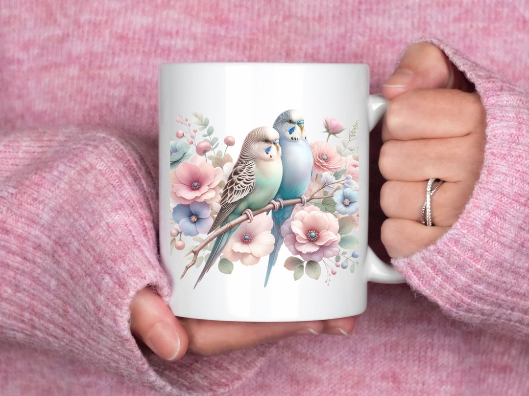 Cute Bird Mug, Budgie Themed Gift, Spring Flowering Decorations Gift