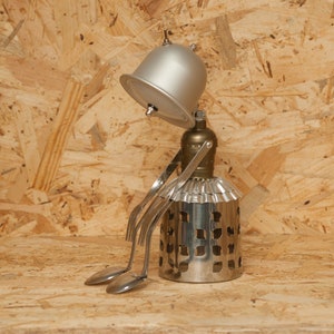 Recycled Metal Robot Lamp: Found Object Art Sculpture