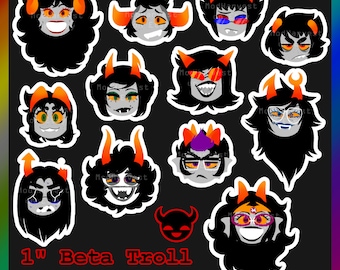 May include: A set of 12 1-inch beta troll stickers. The stickers feature different troll characters with various expressions and colors. The stickers are printed on white paper with a white border.