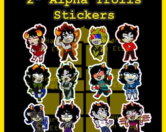 May include: Twelve 2 inch Alpha Trolls stickers featuring different characters from the Homestuck webcomic. The stickers are printed on white sticker paper with a glossy finish.