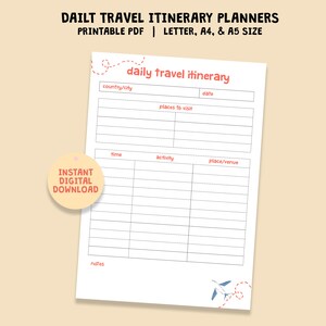 Daily Travel Itinerary Planner, Itinerary Template, Travel Planner, Digital Download PDF