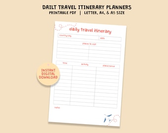 Daily Travel Itinerary Planner, Itinerary Template, Travel Planner, Digital Download PDF