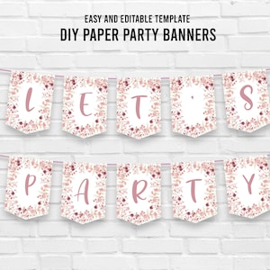 DIY Paper Party Banners, Floral Birthday Banner Template, Digital Download PDF