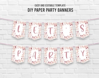 DIY Paper Party Banners, Floral Birthday Banner Template, Digital Download PDF