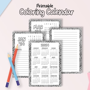 Printable Coloring Calendar, 2024 Calendar, Digital Download PDF, Monthly Calendar, Instant Download