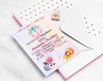 Girl Fall Baby Shower Invitation, Custom Girl Baby Shower Invitation, 5x7 Pumpkin Baby Shower Invite Template, Editable PDF Download