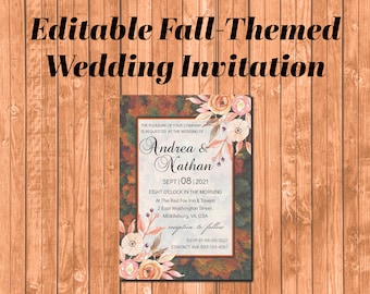 Autumn Wedding Invitation Template, Editable Fall Themed Wedding Invitation, 5x7" Digital Download PDF
