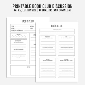 Printable Book Club Discussion, Book Review, Book Club Printables, Digital Download PDF