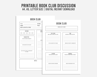 Druckbare Buchklubdiskussion, Buchbesprechung, Buchklub-Drucksachen, digitaler Download PDF