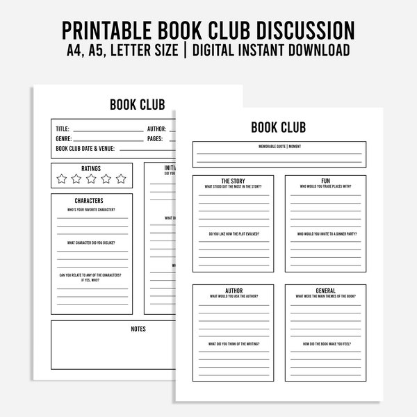 Printable Book Club Discussion, Book Review, Book Club Printables, Digital Download PDF