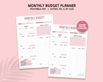 Pianificatore di budget mensile, Tracker di budget mensile stampabile, Download digitale PDF, Pianificatore di budget