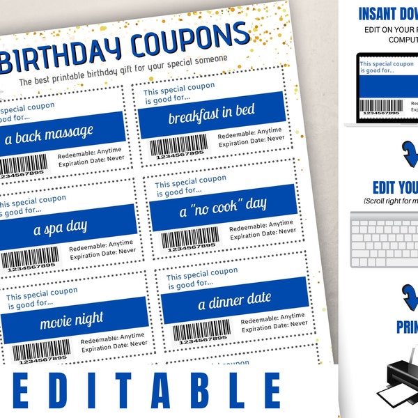 Editable Birthday Coupons, Printable Birthday Gift, Birthday Coupons PDF