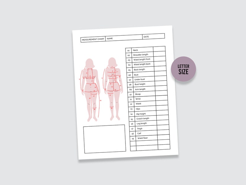 Sewing Measurement Chart, Body Size Chart, Sewing Worksheet, Instant ...