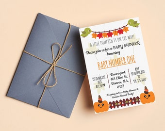 Inbjudan till höstbabyshower, anpassad inbjudan till babyshower och könsavslöjande, mall för 5x7 pumpa-babyshowerinbjudan, redigerbar PDF-nedladdning