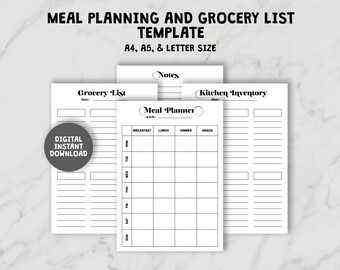 Mall för matplanering och inköpslista, inköpslista, matplanerare, digital nedladdning i PDF-format