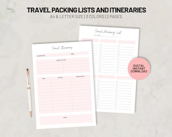 Printable Travel Packing List and Itineraries, Travel Planner, Vacation Checklist, Trip Journal, Digital Download PDF