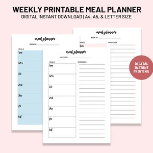 Printable Weekly Meal Planner, Digital Planner, Mean Plan Printable, Digital Download PDF