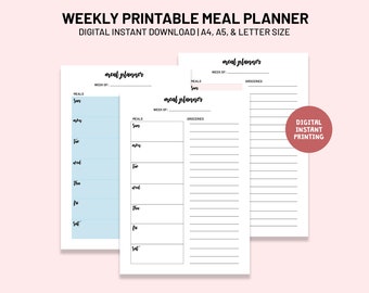 Printable Weekly Meal Planner, Digital Planner, Mean Plan Printable, Digital Download PDF