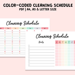 Może przedstawiać: Dwa białe, drukowane szablony harmonogramu sprzątania z sekcjami oznaczonymi kolorami dla każdego dnia tygodnia. Tekst "COLOR-CODED CLEANING SCHEDULE" znajduje się na górze. Szablony zawierają tekst "Cleaning Schedule" i "Daily".