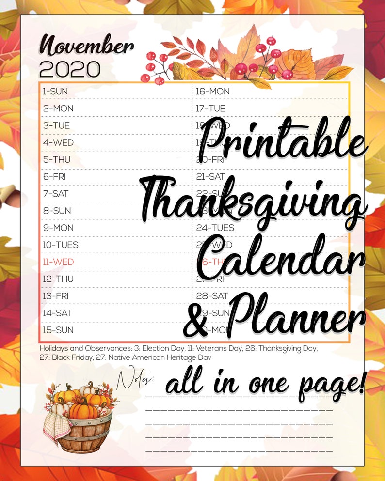 Thanksgiving Planner Thanksgiving Calendar November Planner | Etsy